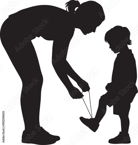 Mother bending down to tie her child's shoelaces, showing care and love, indoor scene, family bonding