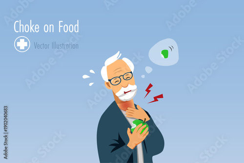 Elderly man choking on food. Senior man holding apple with apple piece stuck in throat. Foreign body aspiration obstruction. Vector.