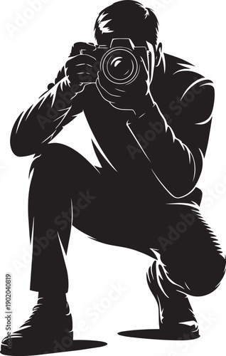 Silhouette photographer crouching holding camera isolated on transparent background professional person
