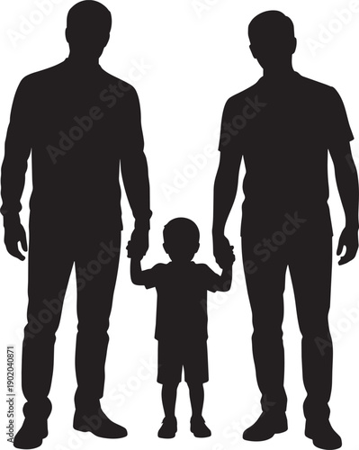 Two fathers holding hands with their child, family togetherness, happy parents, outdoor scene