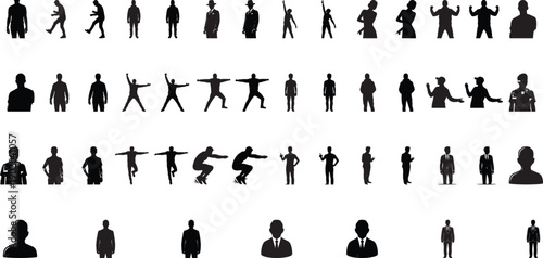 Large collection of black human and business silhouettes showing walking, standing, jumping, stretching, gesture, uniform, and action poses isolated on white background for design projects
