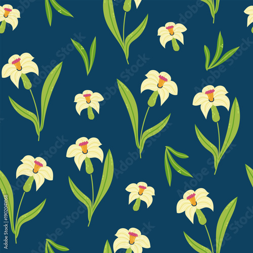 Seamless pattern with flowers daffodils on dark background. Seasonal hand drawn card, poster, web banner. Vector illustration.