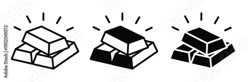 Gold bar icon set. Stack of shiny bullion ingots vector illustration in outline and solid silhouette styles.