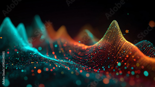 Colorful abstract waves with shimmering particles conveying a sense of motion and digital creativity.