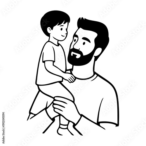 Día del padre. Dibujo sencillo con líneas de un padre e hijo con el niño en los brazos de su padre.
