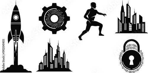 Technology innovation icons, rocket launch, digital gear circuit, athlete running, city skyline, cybersecurity padlock binary code, futuristic urban development illustration
