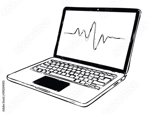 Laptop computer displaying a dynamic audio waveform on the screen, useful for technology concepts, sound engineering, data visualization, or modern computing themes