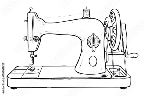 Hand drawn outline of an antique sewing machine symbolizing traditional craftsmanship and textile creation for apparel manufacturing businesses, design studios, or DIY hobbyists.
