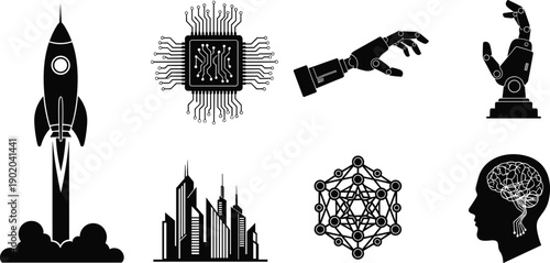 Rocket launch, microchip circuit, robotic hand, 