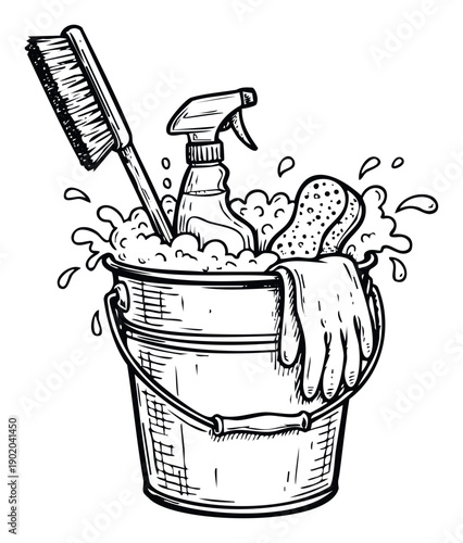 Essential household cleaning supplies in a bucket full of suds and bubbles including a scrub brush, spray bottle, sponge, and glove for domestic maintenance promotions