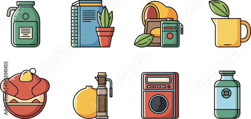 Soap dispenser, stack of books, potted plant, bread loaf, green container, yellow mug, dessert cupcake, oil bottle, washing machine, vitamin supplement