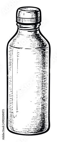 Empty clear glass bottle with a screw cap in a classic hand drawn style perfect for beverage packaging, medicine, cosmetic product concepts, or health industry applications