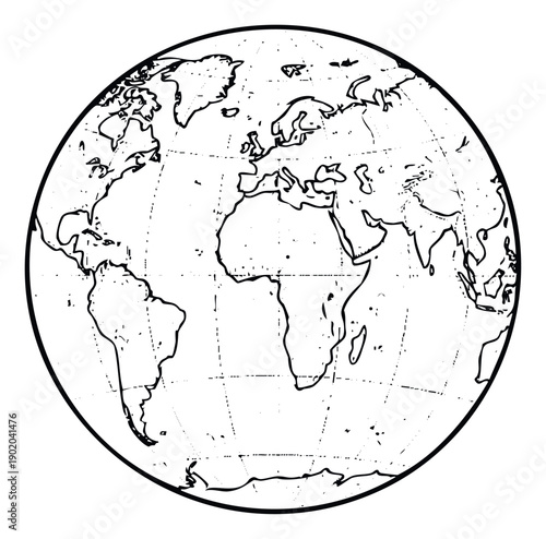 A simple outlined world map globe showing continents and ocean grids, perfect for educational materials, business presentations, global travel themes, and geographic studies.