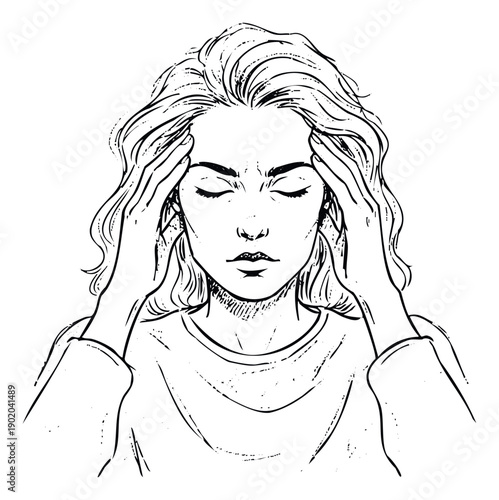 Woman experiencing a severe headache or migraine, clutching her temples with a strained expression, ideal for health, wellness, and medical awareness applications.