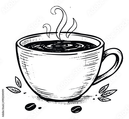 Black and white hand drawn sketch of a steaming hot coffee cup surrounded by natural coffee beans and green tea leaves for cafe menus or beverage advertisements