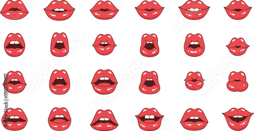 A grid of cartoon red lips showing various expressions and mouth shapes on a white background.