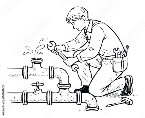 A skilled male plumber diligently repairs a bursting water pipe using various tools, suitable for commercial home services advertisements or professional plumbing repair instructional