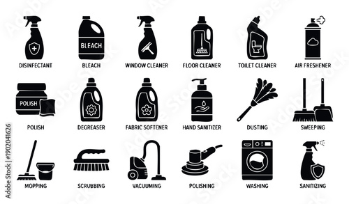 Comprehensive collection of essential household cleaning products and activities represented by simple black icons perfect for professional cleaning service advertisements and instructional