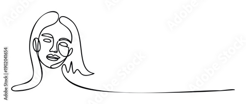 Minimalist continuous line drawing of a womans face and shoulders perfect for modern graphic elements, event invitations, branding materials, or contemporary decorative prints