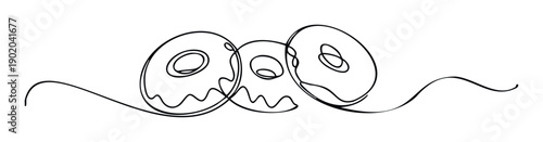 Minimalist continuous line drawing showcasing three sweet delicious donuts with simple face details ideal for bakery branding, dessert shop menus, or food related advertising.