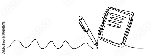 Continuous line drawing of a pen writing a wavy line and drawing a spiral notebook, perfect for stationery, education, learning, and creative design projects
