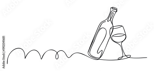 Elegant continuous line drawing of a wine bottle and a glass for modern beverage branding, restaurant decor, event invitations, or sophisticated digital marketing materials.