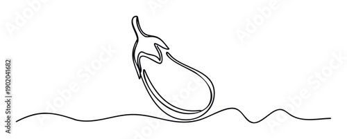 Minimalist continuous line drawing of a fresh eggplant, a simple vegetable symbol perfect for culinary applications, healthy food promotions, and modern graphic design projects.