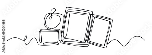 Simple linear drawing of an apple, a stack of books, and two open books, symbolizing wisdom and education, suitable for academic institution branding, digital learning platforms, or reading