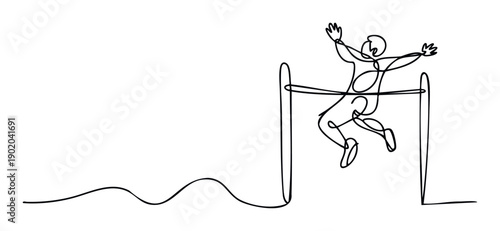 Continuous line drawing of a high jumper successfully clearing the bar, representing achievement and overcoming challenges in sports, ideal for motivational content or athletic event