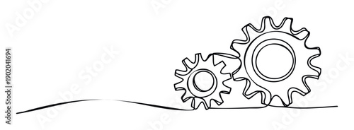 Continuous line drawing of two interlocking gears symbolizing teamwork, interconnected processes, and engineering mechanics for business presentations, technology concepts, and industrial