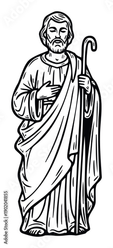 Black and white line drawing of a solemn ancient religious figure wearing traditional robes and holding a shepherds staff, perfect for spiritual publications or educational materials