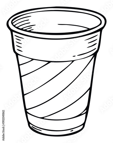 A versatile doodle style outline drawing of a striped disposable cup, perfect for packaging designs, food and beverage graphics, educational materials, or casual print projects