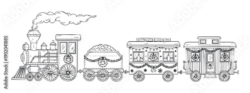 Hand drawn black and white Christmas holiday train with festive decorations and smoking locomotive ideal for seasonal greeting cards and winter coloring books