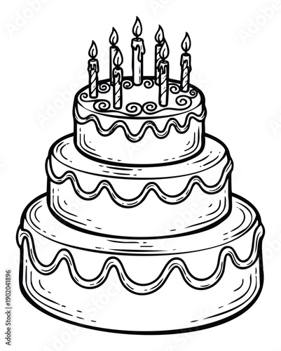 Celebration tiered birthday cake with lit candles and decorative frosting suitable for party invitations and event planning designs