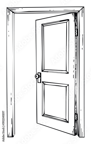 A hand drawn black and white line drawing of an open wooden door within a door frame, perfect for illustrating concepts of entry, exit, opportunity, or new possibilities in various print