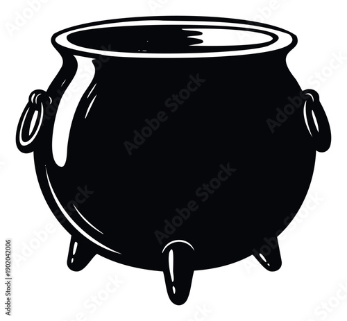 Classic black silhouette of a mysterious witch cauldron with sturdy legs and ring handles, perfect for Halloween decorations, magical themes, or potion brewing graphic assets.