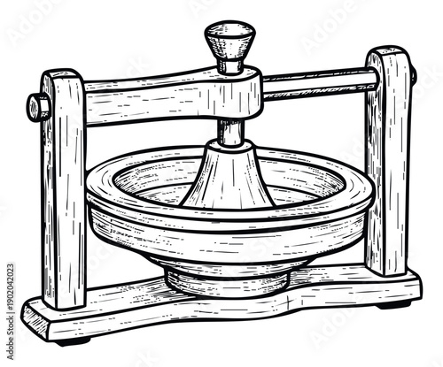 Traditional wooden screw press used for extracting liquids from fruits or shaping cheese, suitable for cookbooks and historical agricultural publications.