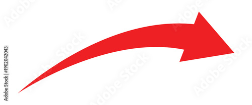 Red long curve arrow pointing right side. Curve arrow for presentations and graphic projects. Vector illustration isolated on white background.