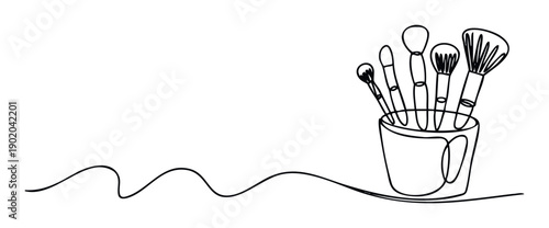 A minimalist continuous line drawing depicting a collection of various cosmetic brushes held in a simple container, perfect for a modern beauty industry banner or stylish personal care