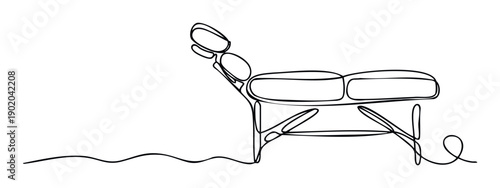 Continuous line drawing of a modern massage therapy table or adjustable aesthetician chair, perfect for wellness center branding, spa brochures, beauty salon ads, and healthcare service