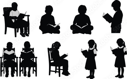 Black silhouettes of primary school children reading books in various poses including sitting in chairs standing and cross legged on floor for education concepts