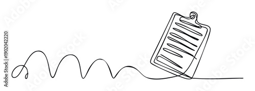 Continuous line drawing depicting a dynamic wavy path leading to a minimalist clipboard icon, ideal for business concepts, creative presentations, or task management themes in digital media.