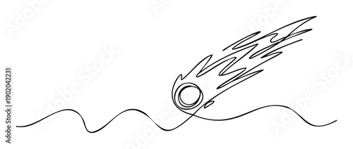 Dynamic continuous line drawing portraying a comet or meteor streaking across the sky and impacting a surface, useful for scientific presentations, educational content, or modern graphic