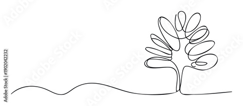 Minimalist continuous line drawing depicting an organic tree and winding ground perfect for environmentally themed branding, educational materials, or clean graphic backgrounds.