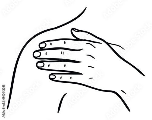 A simple line drawing of a human hand touching its own shoulder, conveying concepts of body pain, selfcare, muscle discomfort, or therapeutic massage, useful for medical information and