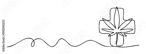 Continuous line drawing illustrating medical cannabis concept with a cross symbol and a marijuana leaf, perfect for health, wellness, and pharmaceutical industry promotions.