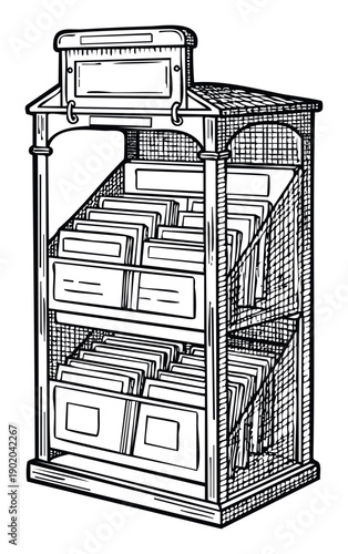 A vintage styled storefront display shelf filled with various products and a prominent sign holder provides an authentic marketing visual for retail business presentations.