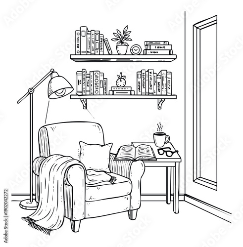 Cozy reading nook with an inviting armchair, floor lamp, filled bookshelves, and a side table ready for relaxation and literary enjoyment, perfect for home decor, lifestyle, or relaxation