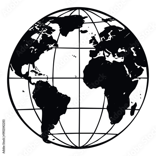Stylized black and white globe with continent outlines and grid lines for depicting world travel, international business, and geographical concepts in educational materials.
