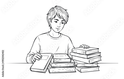 Diligent young male student immersed in books at a table, perfect for use in educational resources, academic programs, and school project guides